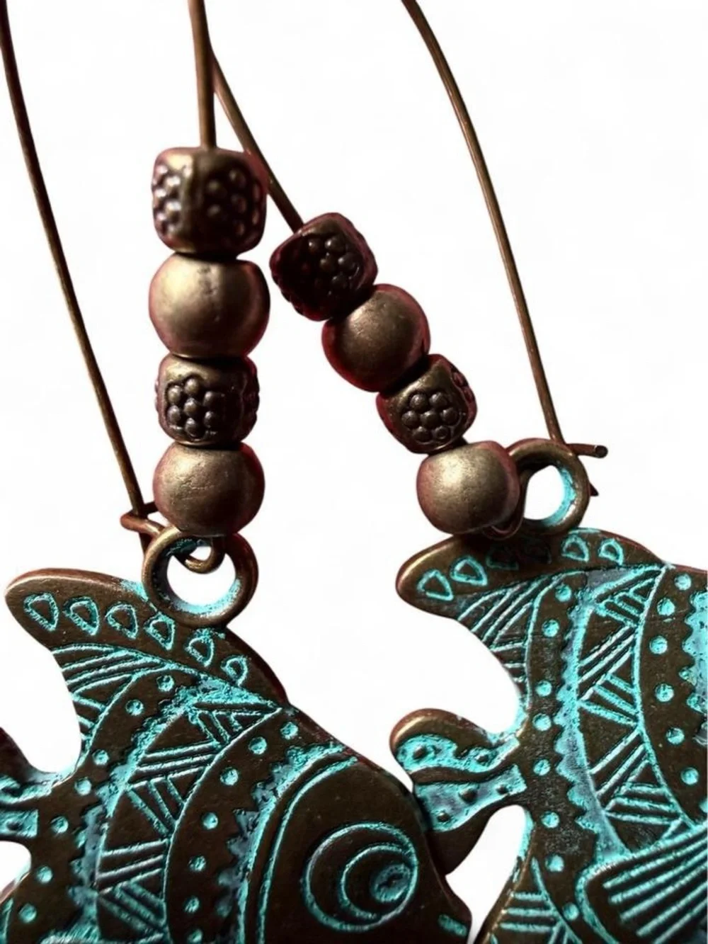 Handmade Verdigris Shell & Turquoise Drop Earrings - Boho Coastal Western - Picture 4 of 6